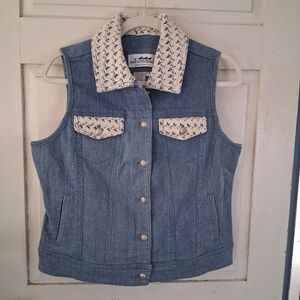 Back In The Saddle Women's Western Denim Vest with Cotton Crochet Lace Details